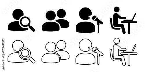 A collection of black and white vector icons representing various human activities and professional communication settings