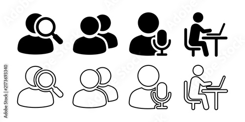 A collection of black and white vector icons representing various human activities and professional communication concepts