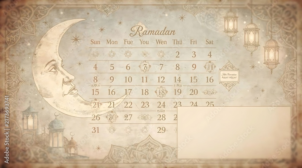 Fototapeta premium Vintage Aesthetic Ramadan Calendar with Crescent Moon Illustration and Traditional Lanterns Background