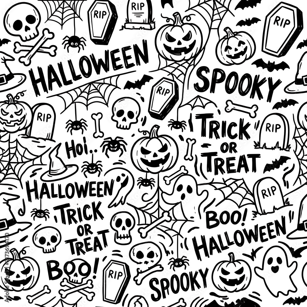 Fototapeta premium Black and white Halloween doodle pattern with pumpkins, skulls, and spooky text on white background