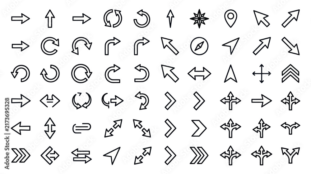 Fototapeta premium Directional arrow navigation line icon collection.