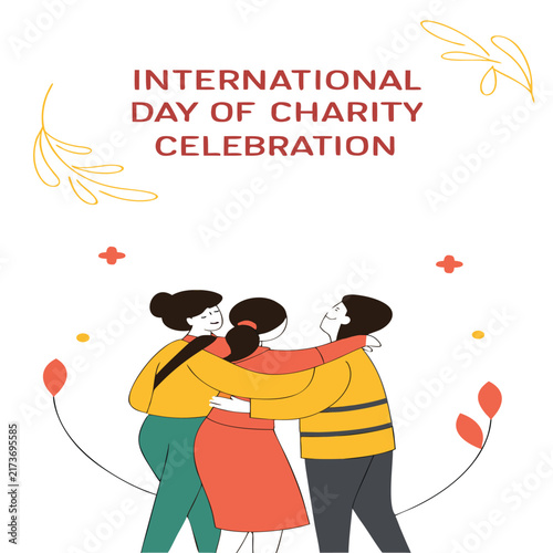International Day of Charity Celebration Poster with Diverse People Embracing, Community Support and Human Solidarity Vector Illustration