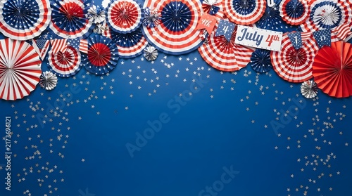 Plakat w ramie Festive patriotic background with colorful paper fans and sparkling confetti elements