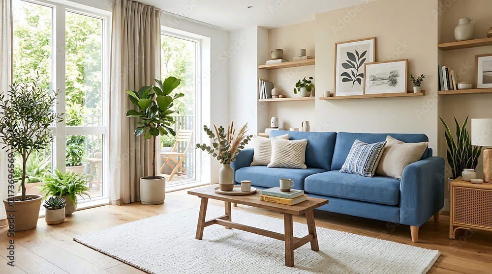 Fototapeta premium Modern Bright Living Room Interior with Blue Sofa, Indoor Plants, Wooden Furniture and Natural Light