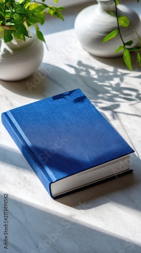 Blue book on marble surface