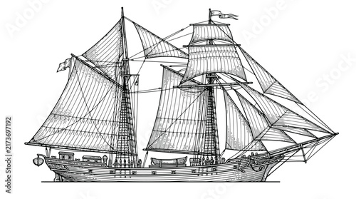 Old sailing ship on calm water