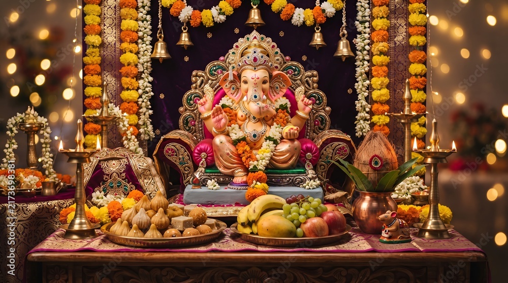 Fototapeta premium Vibrant Ganesh Chaturthi Puja Scene with Golden Idol Modaks Fruits and Traditional Decor Stock Photo and coconut puja 