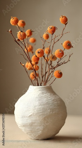 Dried orange flowers in white vase