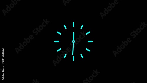 Bright cyan clock face with minimalist hour markers and hands showing approximately one o'clock against a deep black background symbolizing time or a loading indicator.