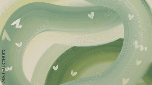 Abstract green brush stroke curves with hand drawn white little heart shapes abstract painting background creative illustration romantic