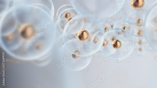 Diagonal chain of glass spheres with golden nanoparticles and hexagonal wireframe
