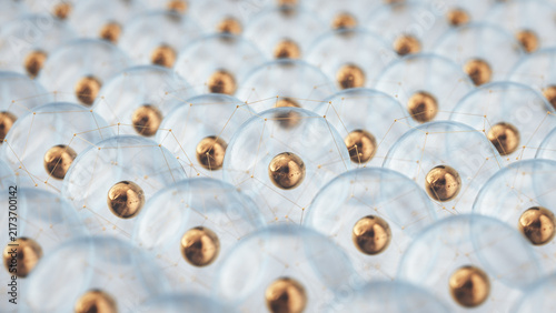 Dense array of transparent domes with gold spheres and wireframe lattice