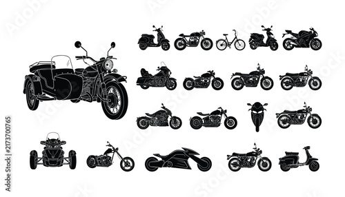 Fotografie Motorcycle and Scooter Black Silhouette Icon Set Featuring Choppers, Cruisers, S