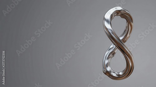 Shiny metallic infinity symbol looping on a clean dark grey background metallic shape chrome