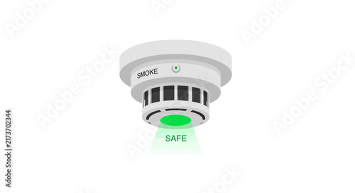 Smoke Detector Illustration with Green Light Projecting Safe Message for Home Security and Fire Safety Concept