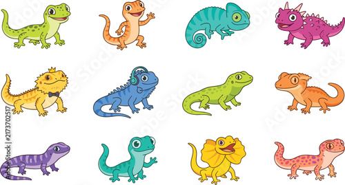 Bild auf Leinwand Cute lizard cartoon sticker set featuring a colorful variety of adorable geckos chameleons iguanas and frilled reptiles for children graphic design