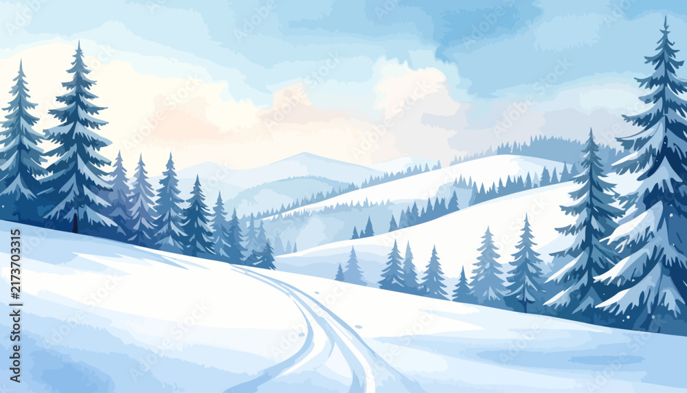 Obraz premium Winter forest landscape with snow covered trees and hills.