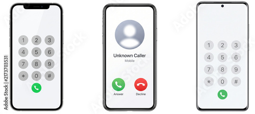 Unknown Caller, Dialpad, and Phone Interface Mockups (日本語: 未知の電話, Français: Appel Inconnu, Español: Llamada Desconocida