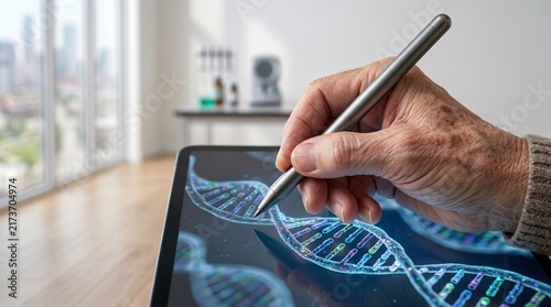 Senior researcher hand using a digital stylus on a tablet displaying a glowing 3D DNA double helix, advanced biotechnology and genetic research concept