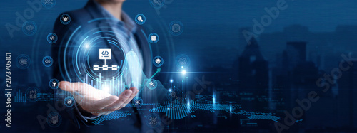 Fototapeta kuchenna Software Engineer Hand Hold Algorithm Development and Computational global networking data. Software Development, Big Data Analytics, Cyber Security, Logic System