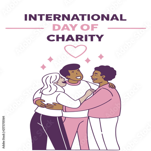 International Day of Charity Poster with Diverse People Embracing, Kindness, Compassion and Community Support Vector Illustration