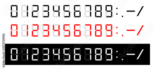 Seven segment digital number display set from 0 to 9 in black, red, and white styles for clocks, timers, counters, interfaces, scoreboards, and technology designs.