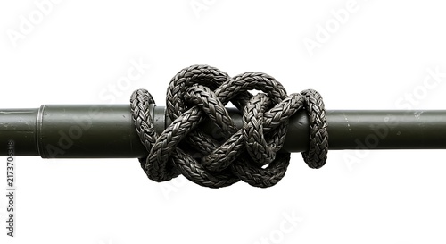 Complex Knot Tied with Thick Rope on Metal Bar in Black and White