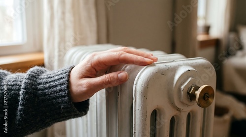 Person wearing grey knitted sweater touching old white vintage radiator in room during winter season to check warmth and comfort levels within home interior dwelling space.