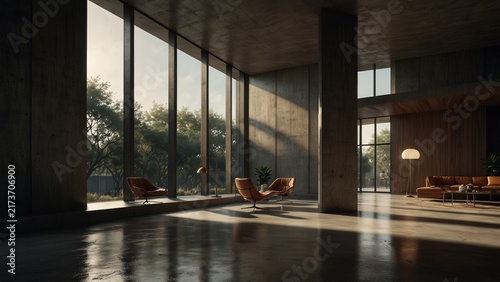 Living room with large windows and view of trees, high quality conceptual artwork - Generative AI