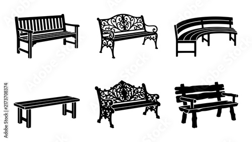 Bild auf Leinwand 70 Set of Six Black Vector Benches: Classic Park Seating, Ornate Garden Furnitur