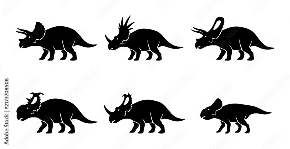 Fototapeta premium Triceratops Dinosaur Silhouettes, Prehistoric Reptile Icons, Ancient Creature Vector Graphics