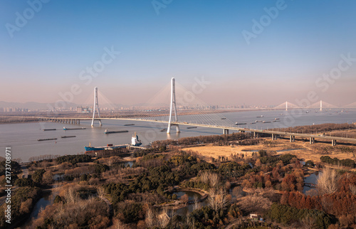 Obraz na plátne Aerial view of Nanjing Third Yangtze River Bridge in autumn