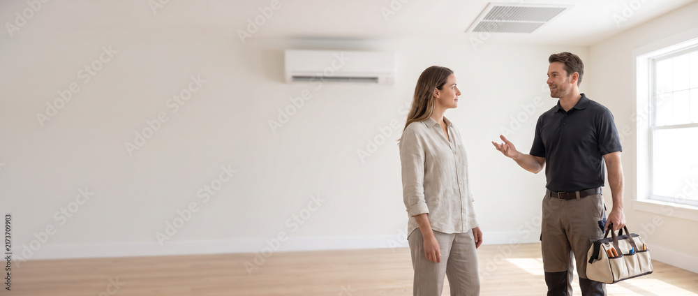 Fototapeta premium HVAC technician explains home cooling problem to homeowner, providing air conditioning guidance, residential repair consultation, home comfort support and professional HVAC service.