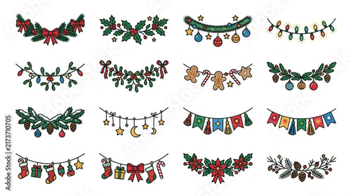 Colorful Christmas garlands and holiday decorations set.