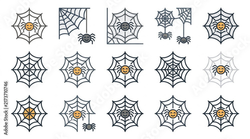 Collection of spider web illustrations with spiders.