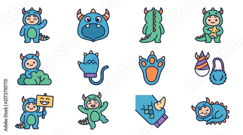 Colorful cartoon monster characters in various poses.