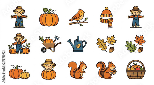 Colorful Autumn Harvest and Farm Icons Collection.