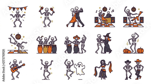 Colorful Halloween Skeleton Characters Dancing and Celebrating.