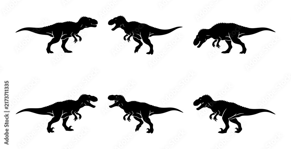 Obraz premium Six Black Dinosaur Silhouettes, Tyrannosaurus Rex Vector Icons, Prehistoric Creature Graphics