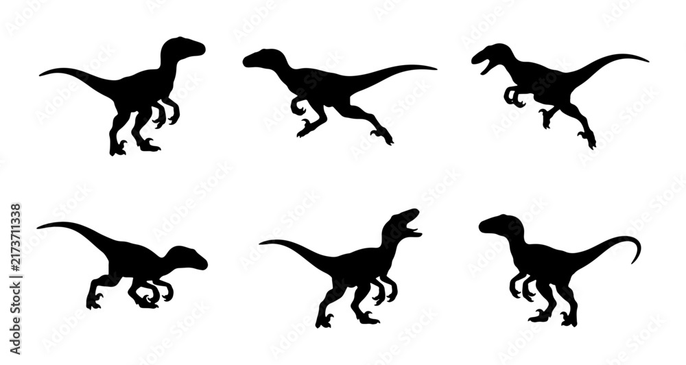 Obraz premium Dinosaur Silhouettes, Six Velociraptor Poses, Prehistoric Creature Vector Graphics