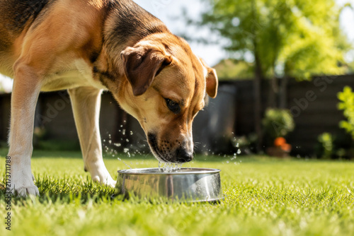 Dog drinking water from metal bowl in backyard, pet hydration and thirst