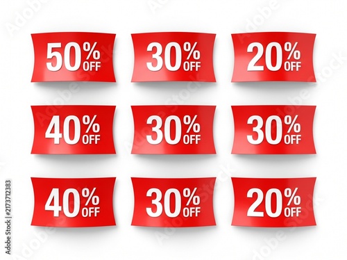Set of red curved price tag stickers with percentage discount numbers isolated on a white background for retail sale or commercial commerce.