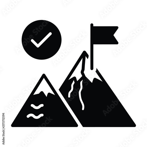 Mountain peaks with flag and checkmark symbol on white background