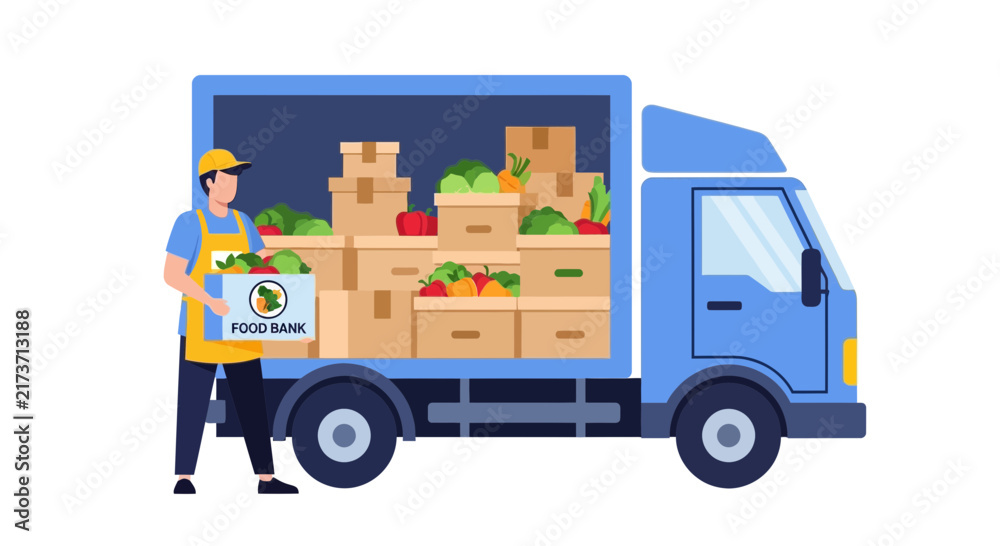 Fototapeta premium Food Bank Delivery Truck and Volunteer Holding a Box of Fresh Vegetables for Donation, Humanitarian Aid, and Social Support Concept Vector Illustration