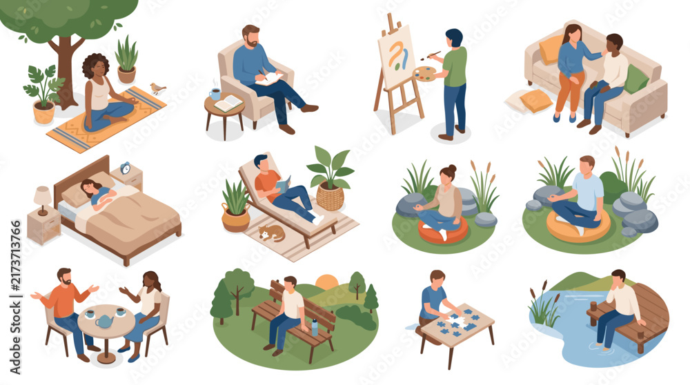 Fototapeta premium Relaxation and mindfulness activities showcasing diverse individuals in serene indoor and outdoor settings emphasizing