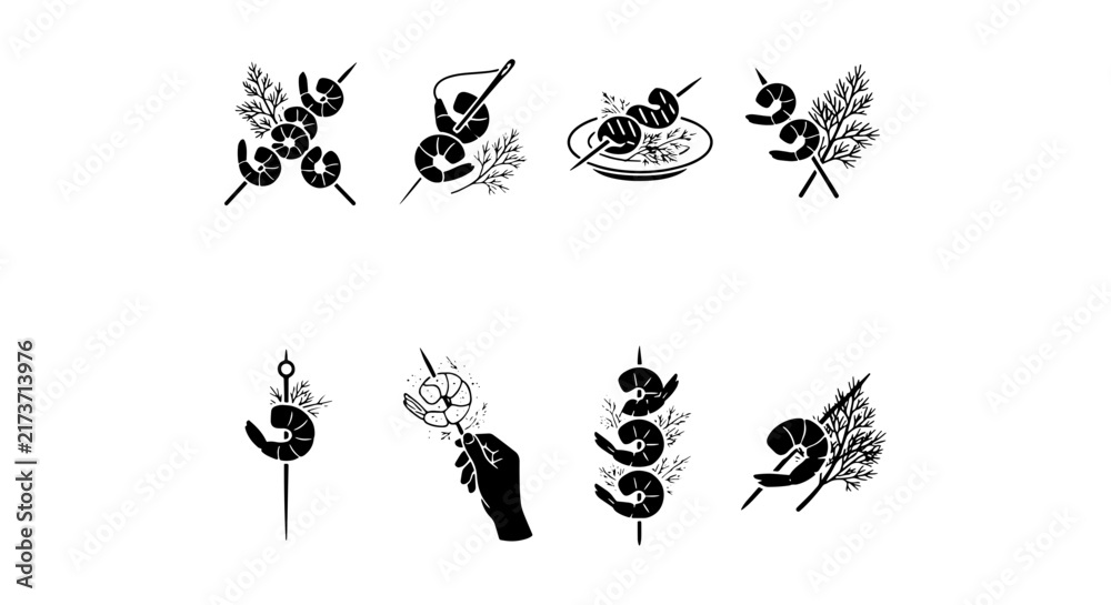 Fototapeta premium Shrimp Skewers Vector Icons, Seafood Appetizer Illustrations, Culinary Delicacy Graphics, Black and White Food Art