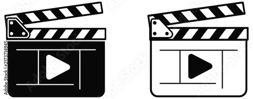 Movie clapperboard icon with play button symbols in black and white for film production, video editing, cinema, filmmaking, and media design