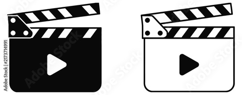 Movie clapperboard icon with play button symbols in black and white for film production, video editing, cinema, filmmaking, and media design