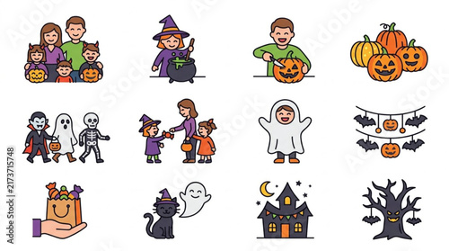 Colorful Halloween Characters and Icons Flat Design.