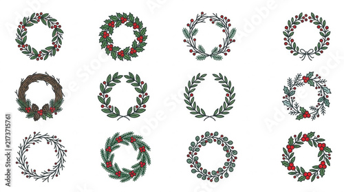 Twelve Hand Drawn Holiday Wreaths with Berries and Leaves.